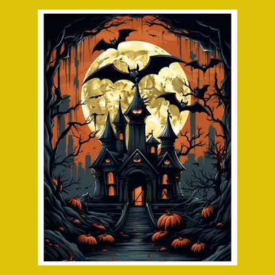 HALLOWEEN BAT HOUSE MANSION PAINT BY NUMBER