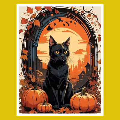 HALLOWEEN BLACK CAT IN RETRO PAINT BY NUMBER