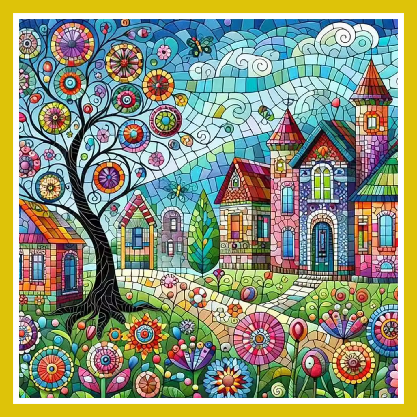 Paint by number kit image of a Colorful mosaic-style illustration of a village with houses, trees, and flowers.