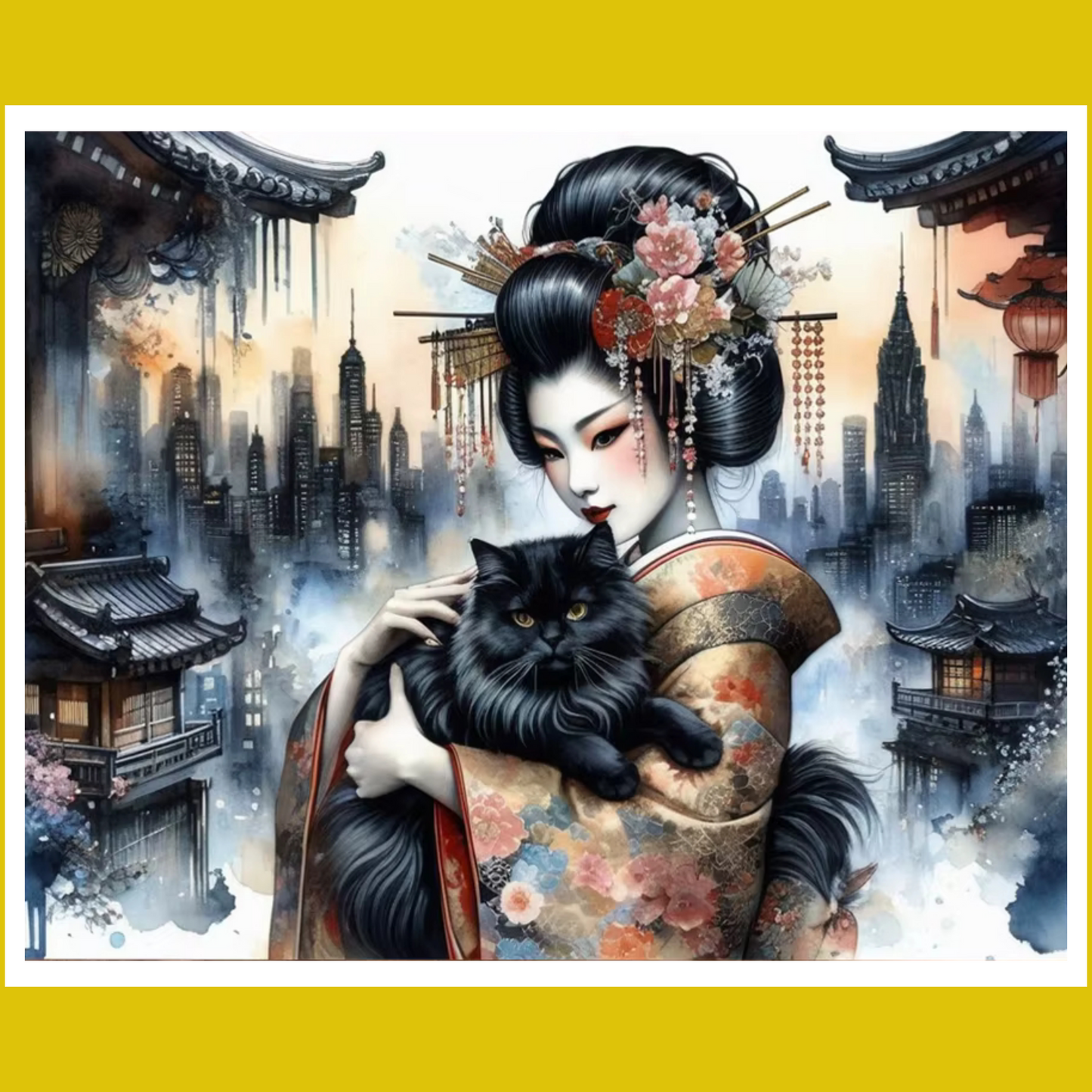 A paint-by-number kit image featuring an Asian woman with a cat, set against a cityscape background with temples and lanterns.