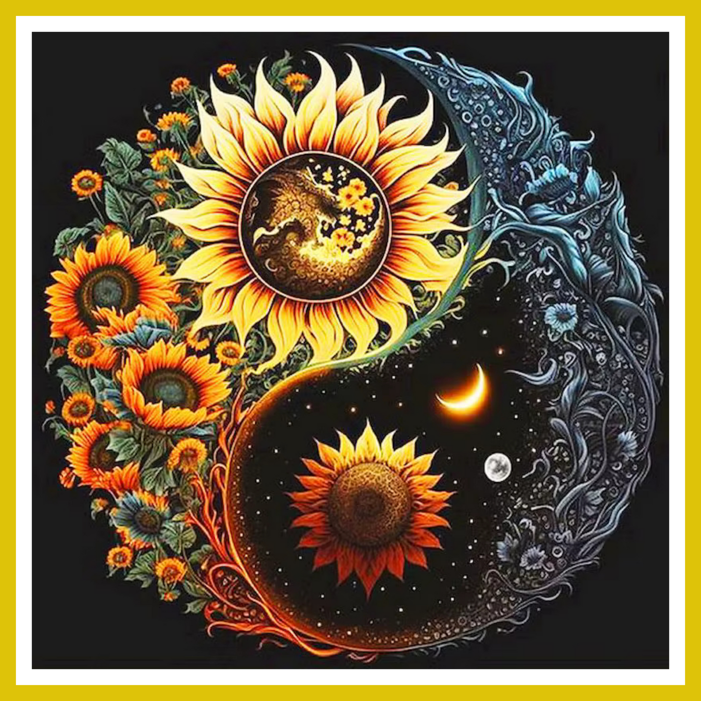 A paint-by-number kit image featuring a yin-yang symbol with sunflowers in vibrant colors and a dark background.