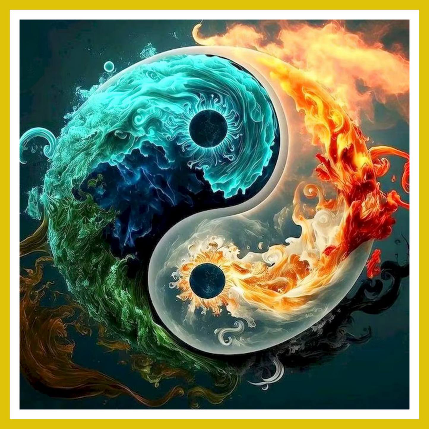 A paint-by-number kit image featuring a yin yang symbol with one half hot sun and the other half cold sun