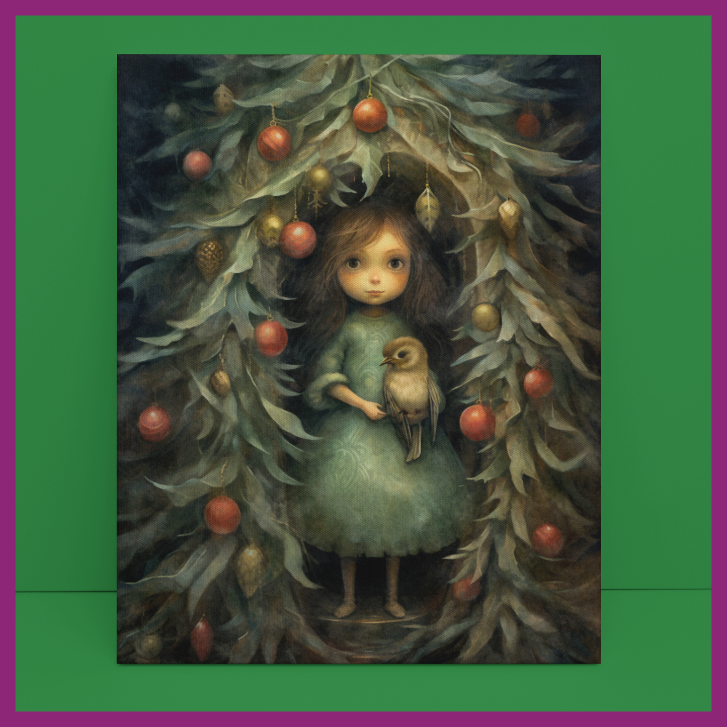 WHIMSICAL CHRISTMAS GIRL WITH BIRD CANVAS PRINT (9"x13")