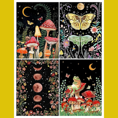 Four illustrations of nature-themed designs featuring mushrooms, butterflies, frogs, and celestial elements on black backgrounds.