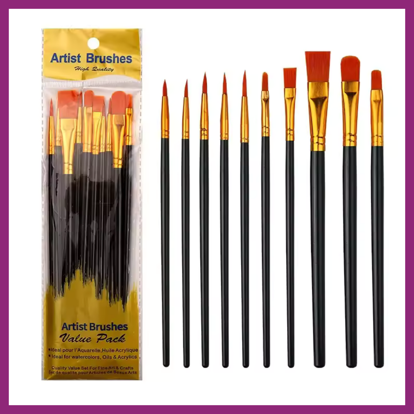 ARTIST'S BRUSHES VALUE PACK OF 10 - NYLON