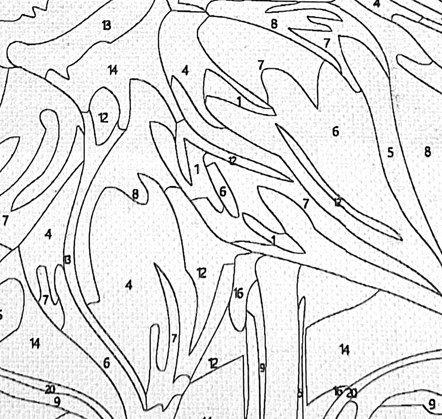 Closeup of canvas texture with numbered areas to paint