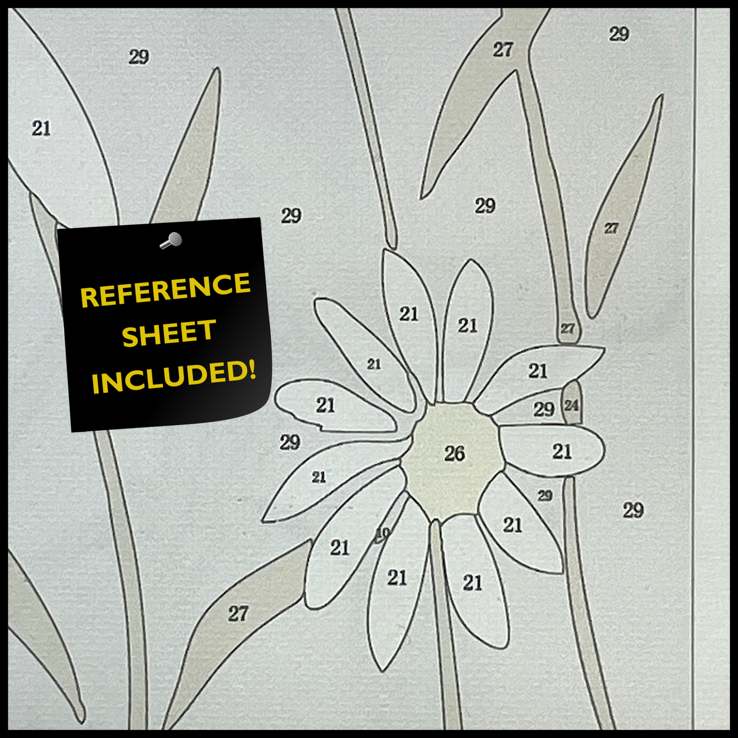 Close up of canvas showing numbered areas to paint and a 'Reference Sheet Included!' tag.