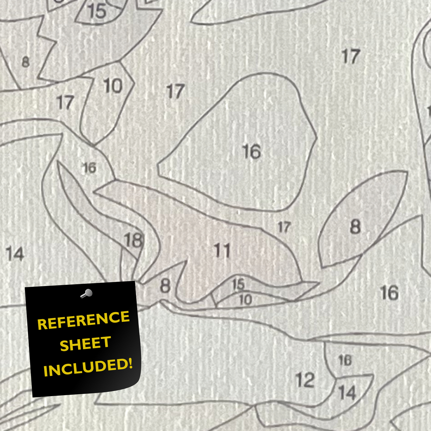 Closeup of paint by number canvas showing canvas texture and numbers with "refererence sheet included" sign.