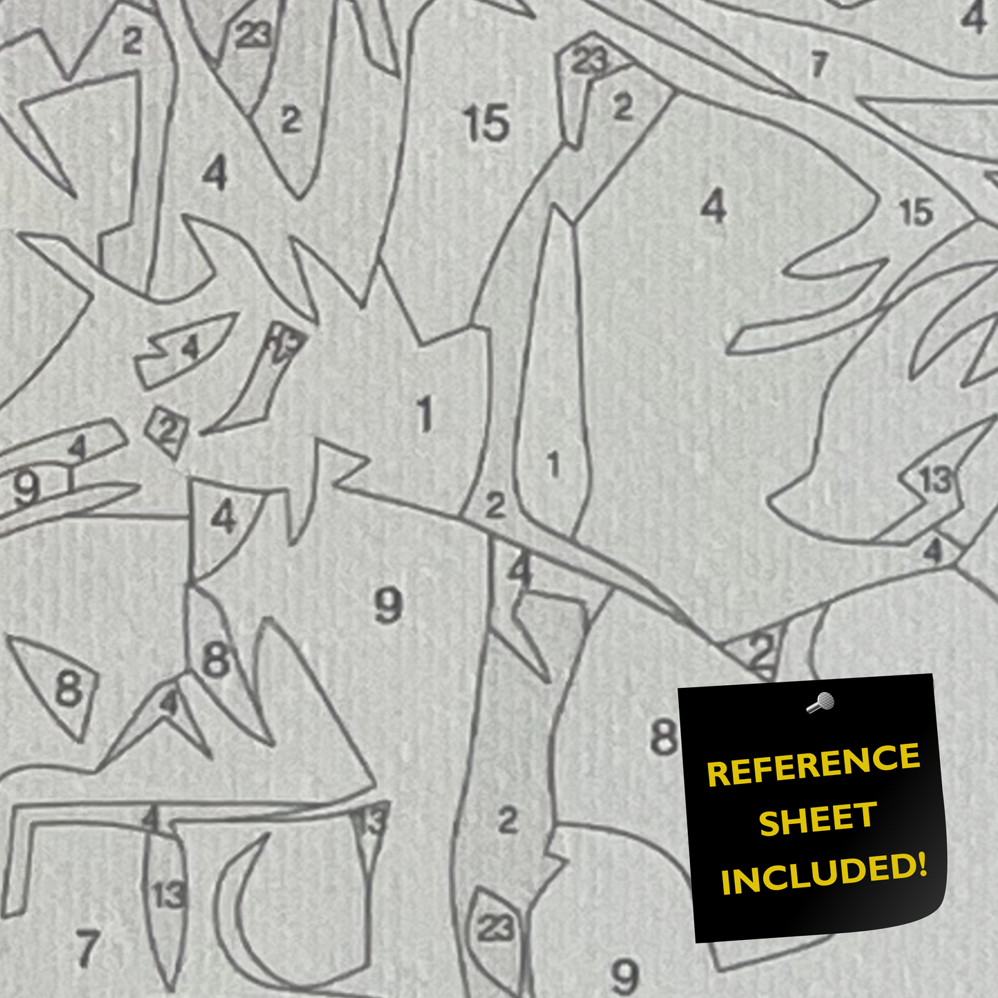 Closeup of paint by number canvas showing canvas texture and numbers with "refererence sheet included" sign.