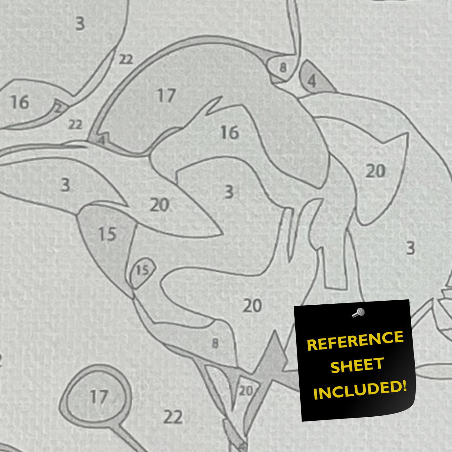 Closeup of paint by number canvas showing canvas texture and numbers with "refererence sheet included" sign.