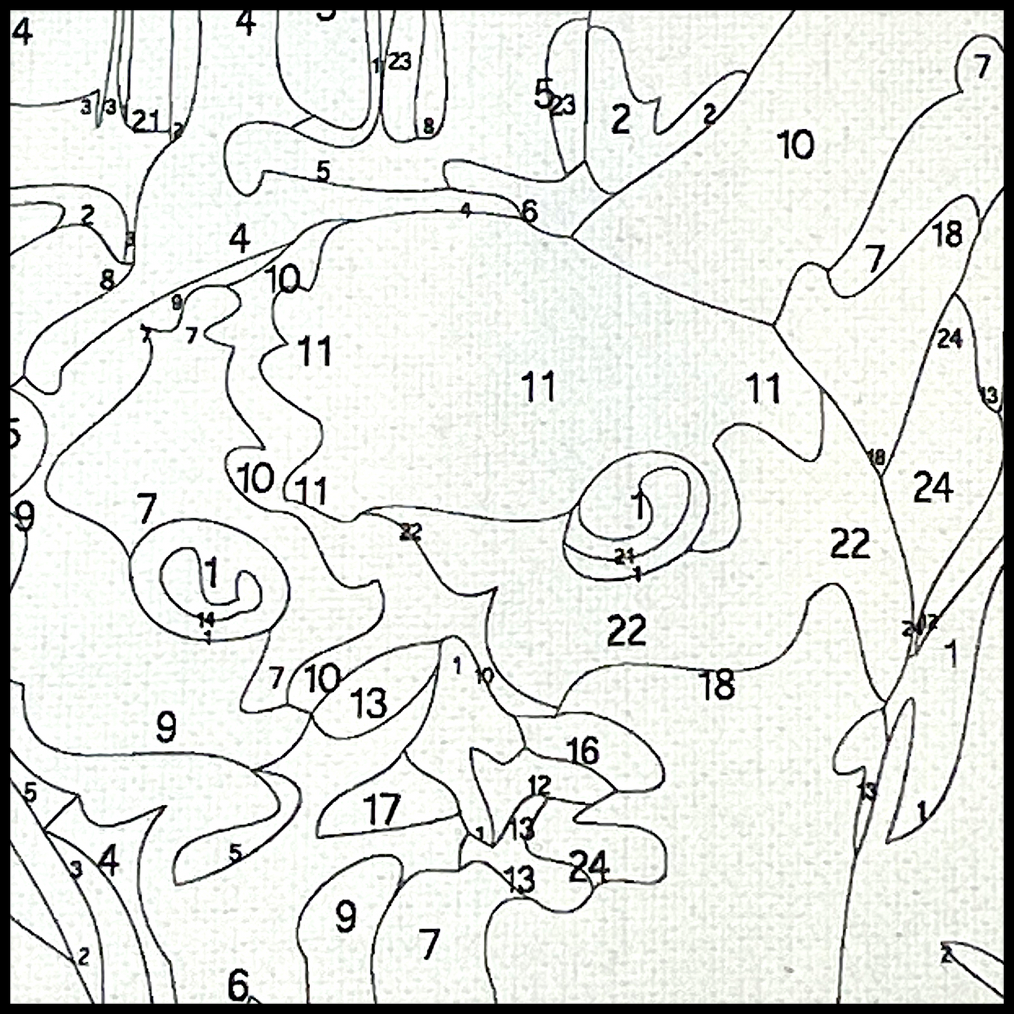 Close up of canvas showing numbered areas to paint