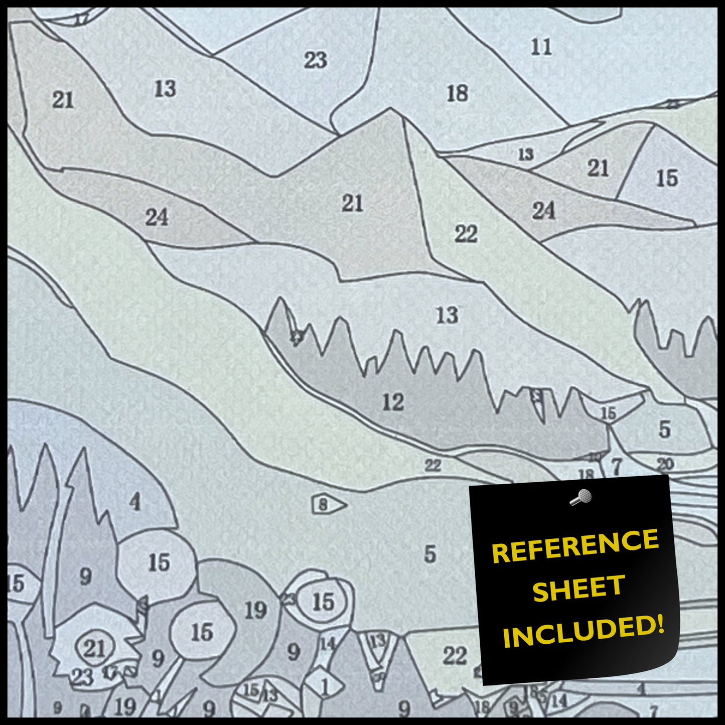 Close up of canvas showing numbered areas to paint and a 'Reference Sheet Included!' label.
