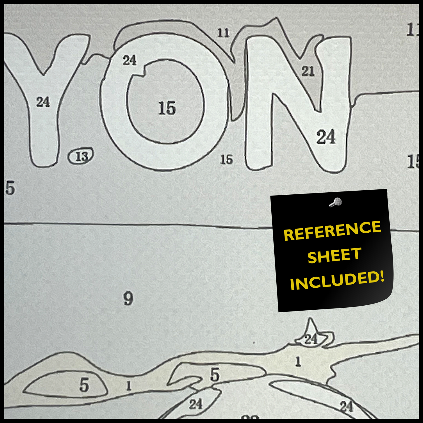 Close up of canvas showing numbered areas to paint and a 'REFERENCE SHEET INCLUDED!' label.