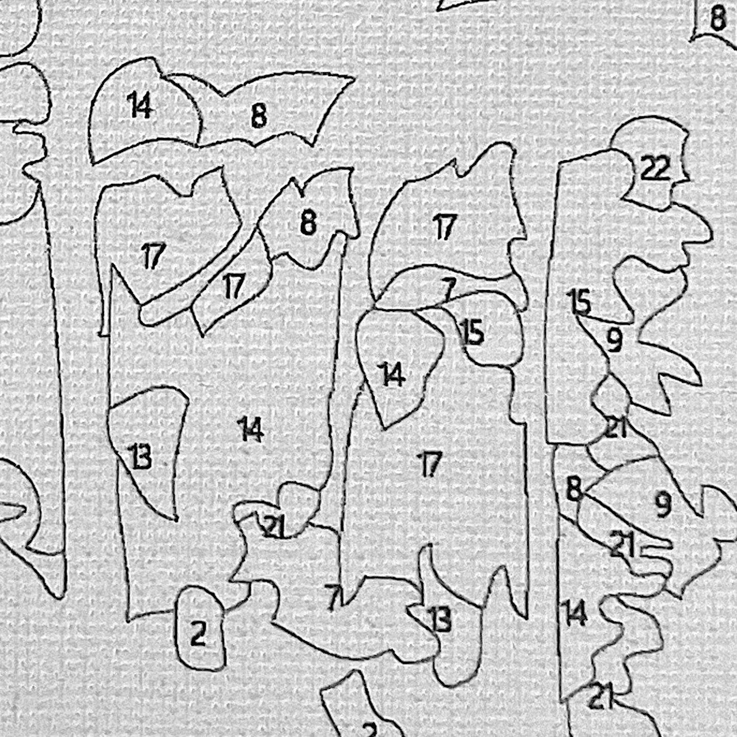 Closeup of paint by number canvas showing canvas texture and numbers