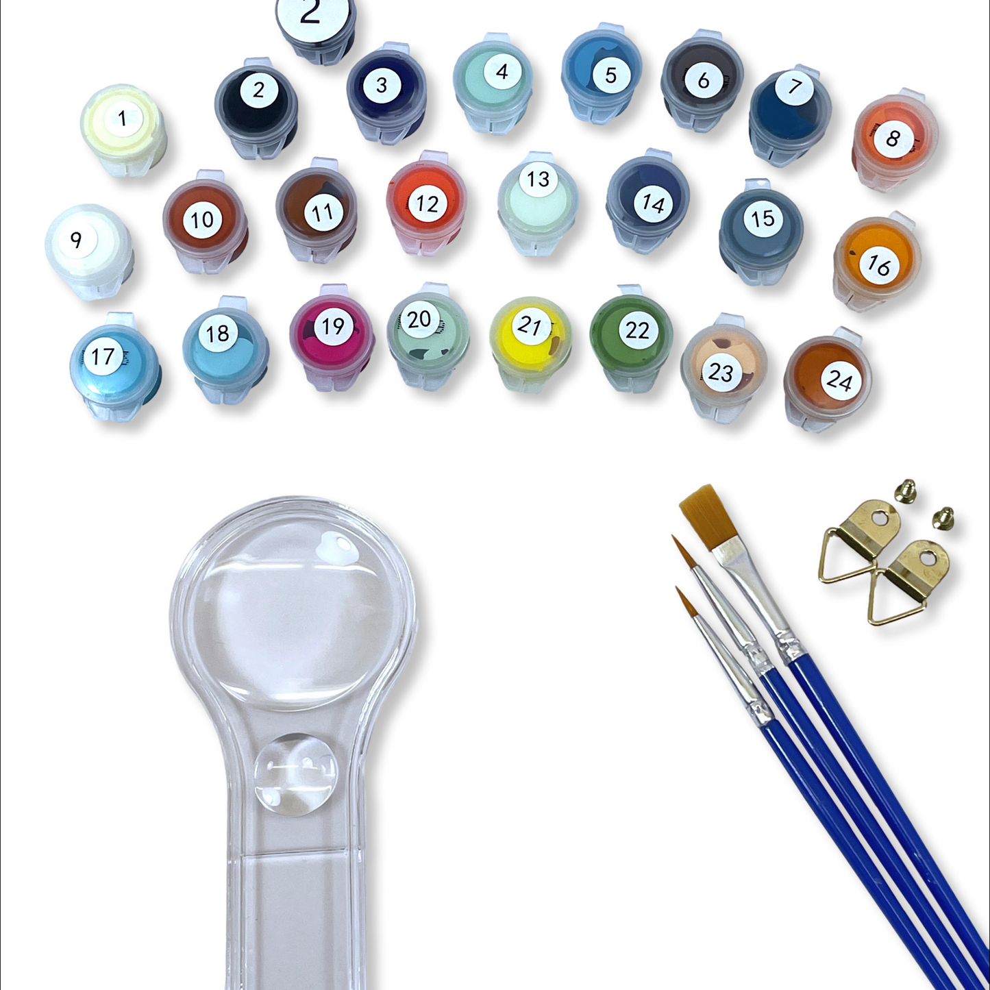 Set of paint containers with numbers, paintbrushes, and a magnifying glass on a white background.