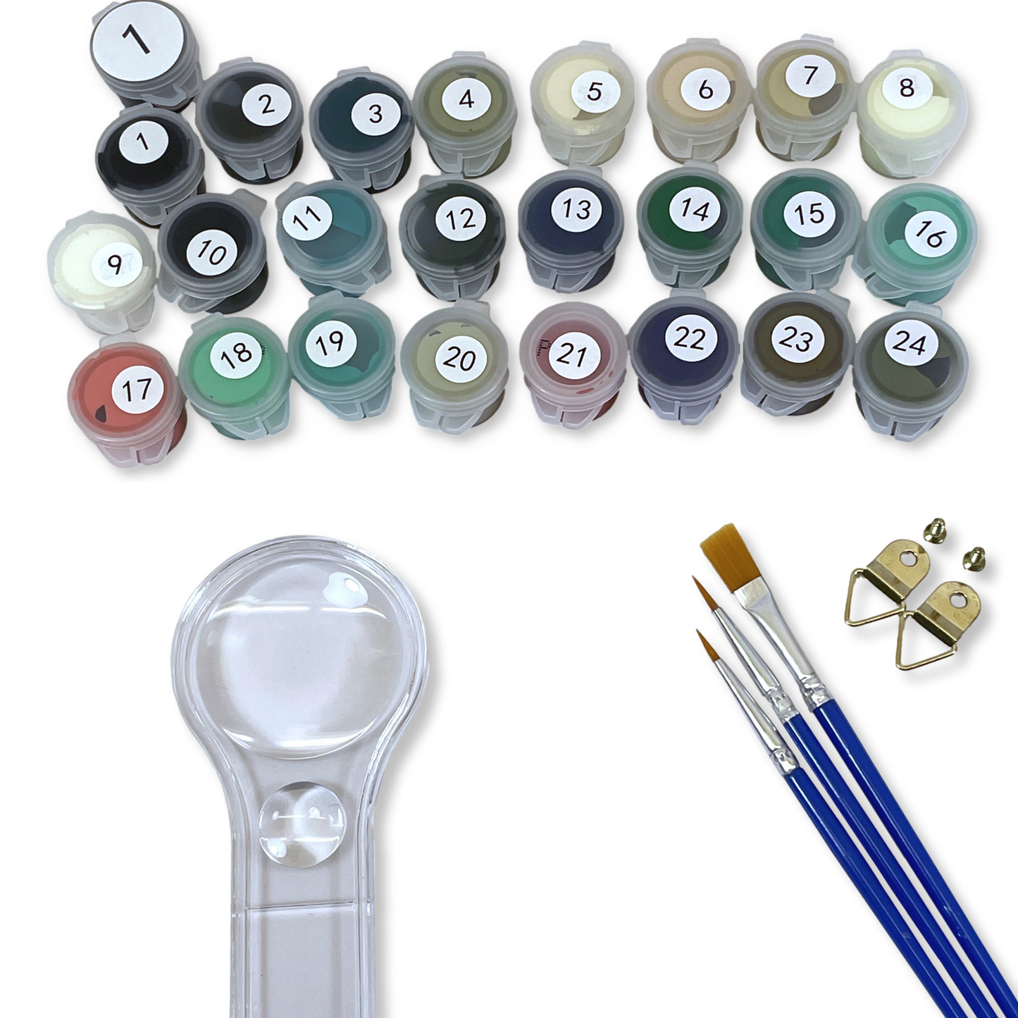 Set of paint pots, paint brushes, and a magnifying glass on a white background