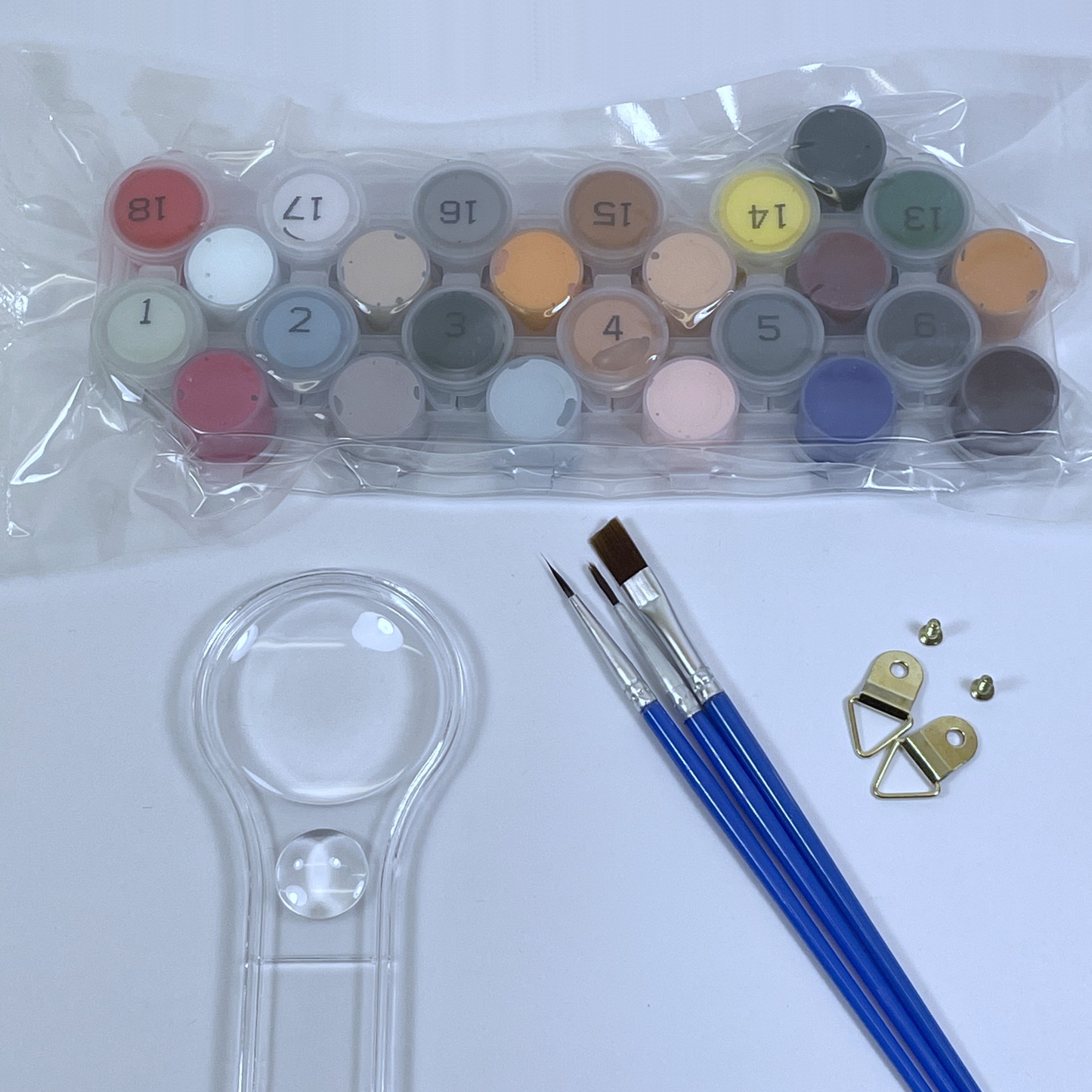 Set of acrylic paints, paint brushes, and a magnifying glass on a white background.