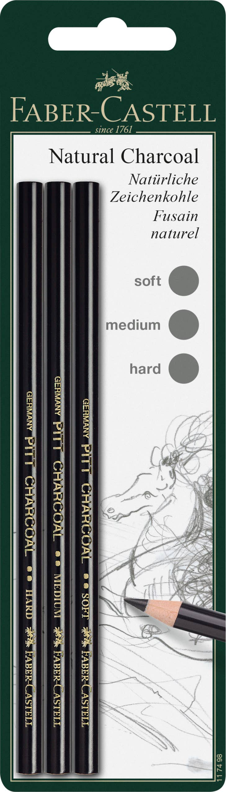 3 Count Natural Charcoal Pencil Soft, Medium Hard Set