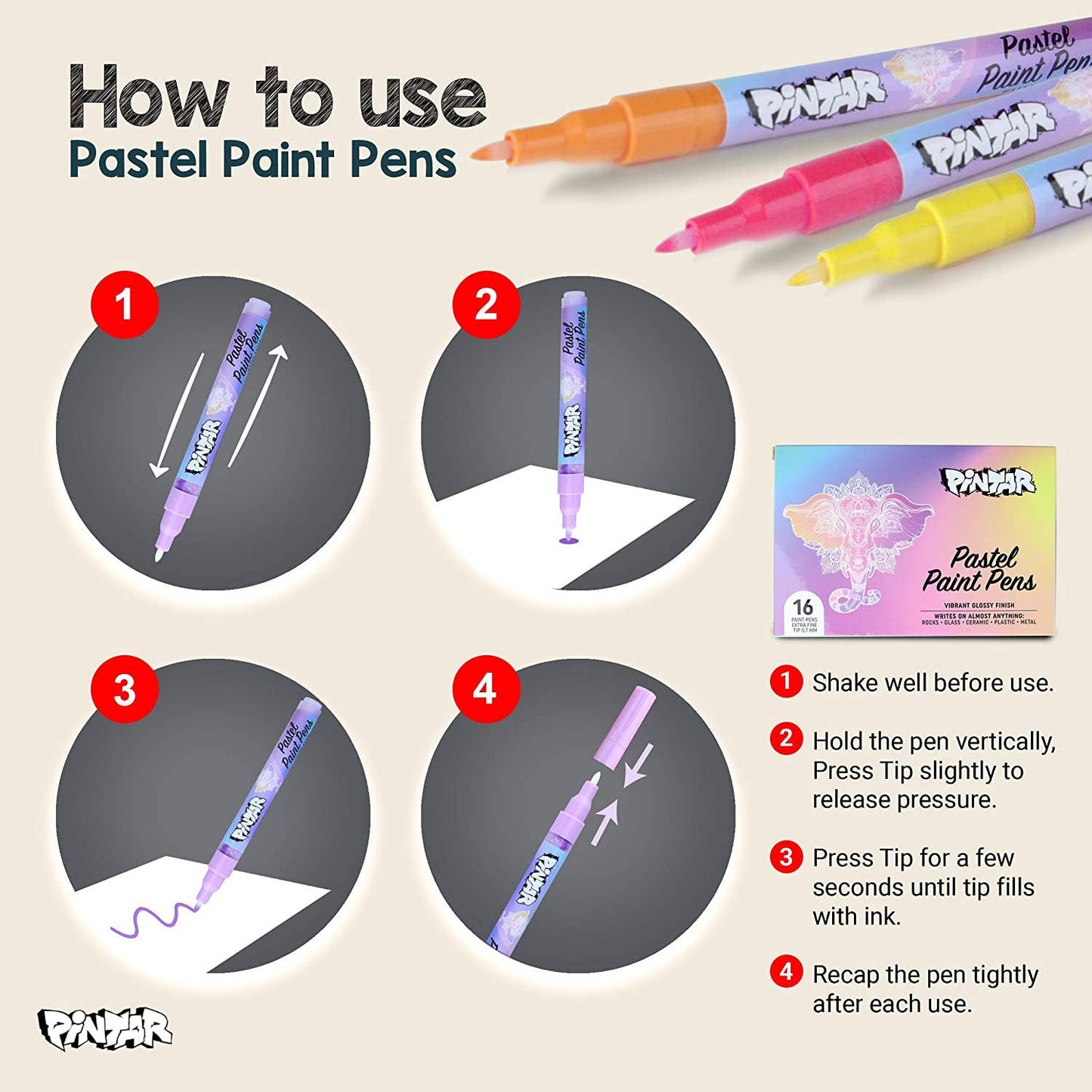 Pintar 16 Pack Acrylic Pastel Paint Pens - 0.7mm - 16ct