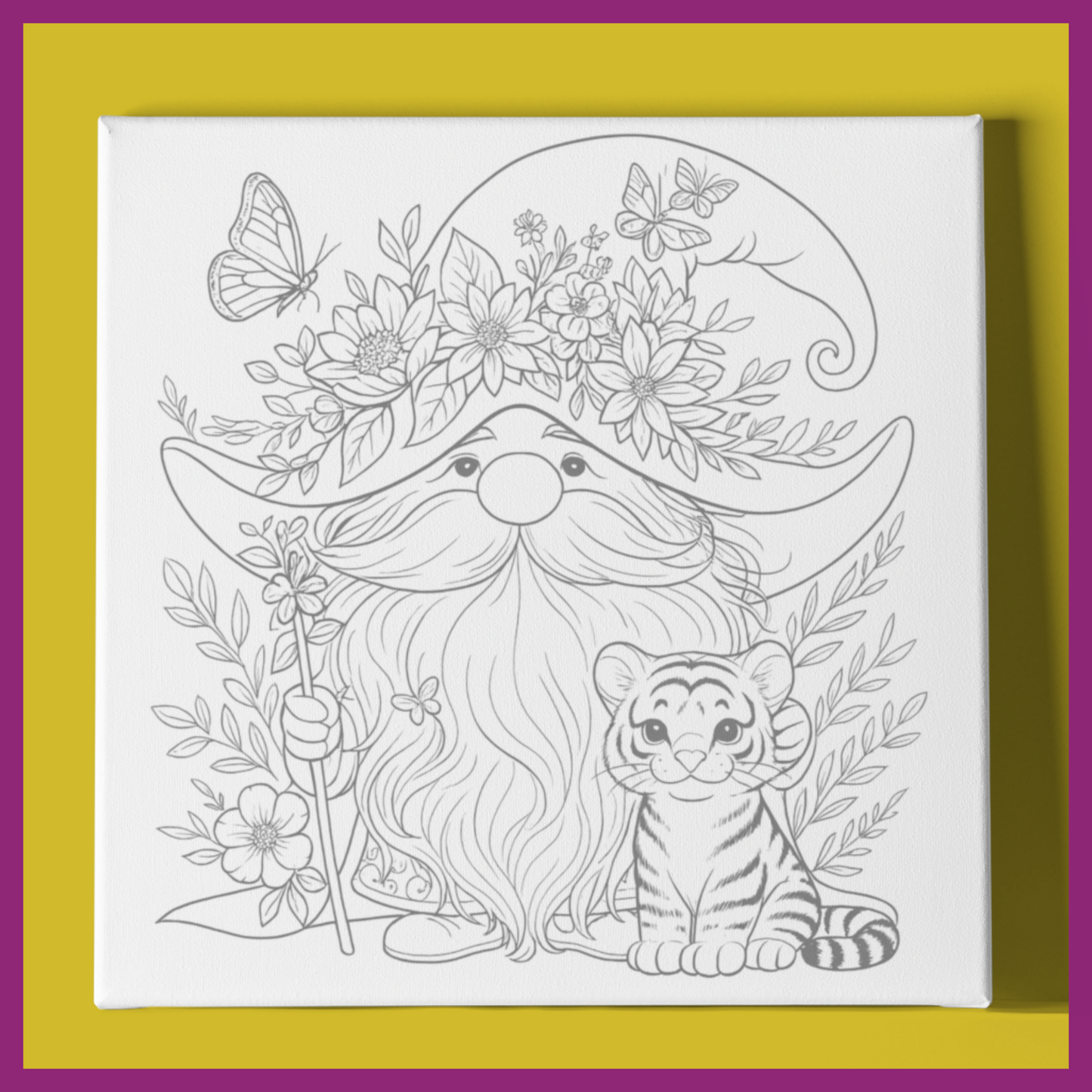 GNOME WITH BABY TIGER PREDRAWN CANVAS PANEL