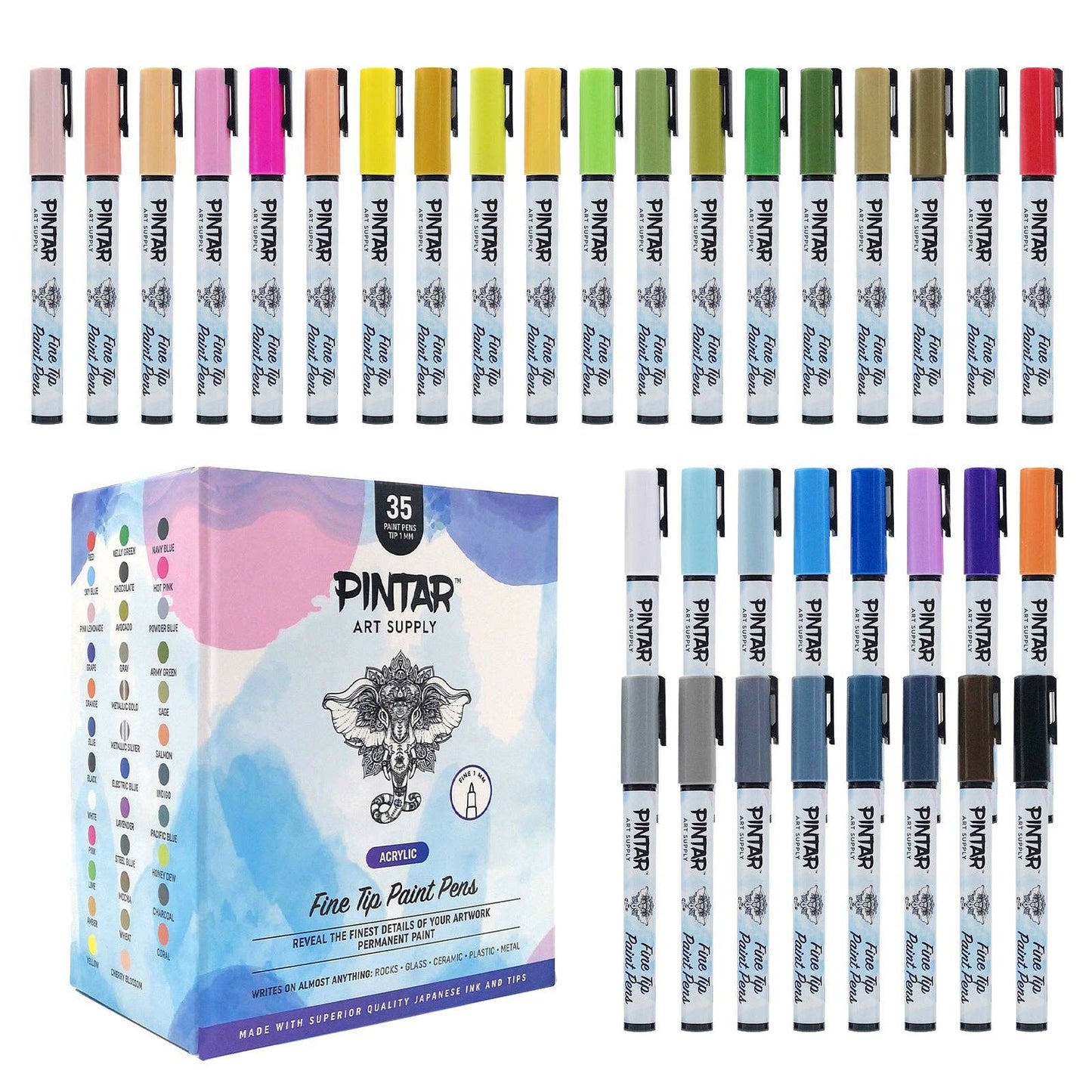 PINTAR Premium Acrylic Paint Pens - 1mm Fine Tip Pens - 35Colors
