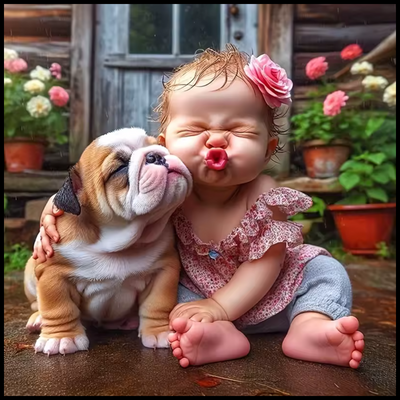 BABY GIRL AND DOG KISS FACE DIAMOND PAINTING KIT - FULL RND 12x12