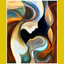 An abstract painting of a woman and child with swirling multicolored lines and shapes.