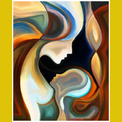 An abstract painting of a woman and child with swirling multicolored lines and shapes.