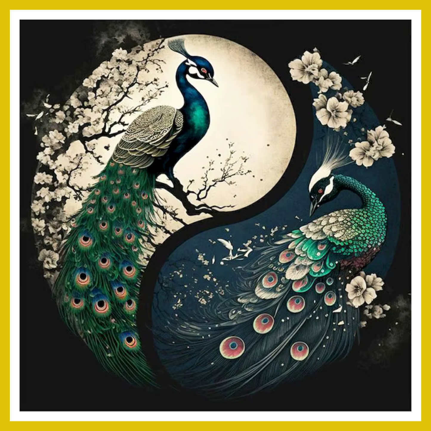A Paint by Number kit image featuring two peacocks in a yin-yang pattern with floral elements and a moon background.