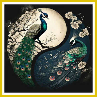 A Paint by Number kit image featuring two peacocks in a yin-yang pattern with floral elements and a moon background.