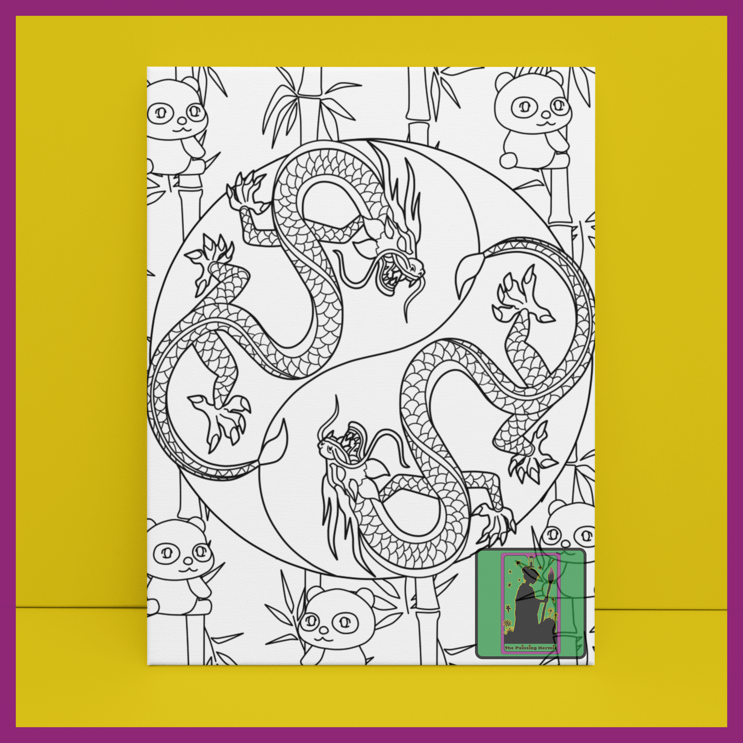 PREDRAWN CANVAS PANEL PAINT KIT - CHINESE YIN YANG DRAGONS BAMBOO PATTERN