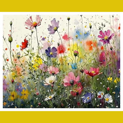 A paint-by-number kit image featuring a field of colorful wildflowers.