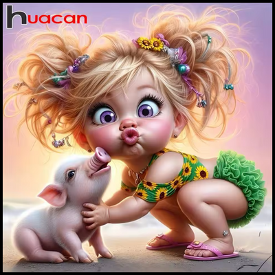 KISSY FACE GIRL AND PIG DIAMOND PAINTING KIT - FULL 12x12