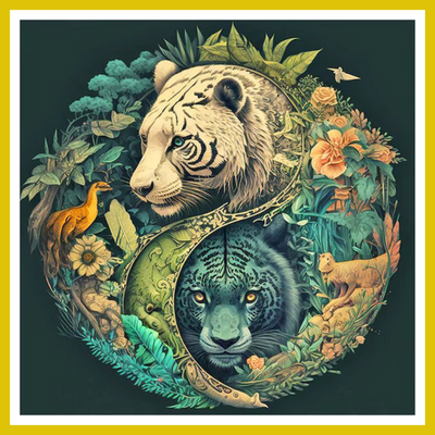 A paint-by-number kit image featuring a yin yang design with a tiger in each half surrounded by floral elements.