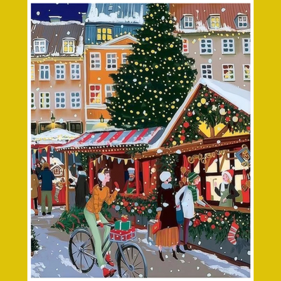 A paint by number kit image featuring a Christmas market scene with booths, a large Christmas tree, and people shopping.