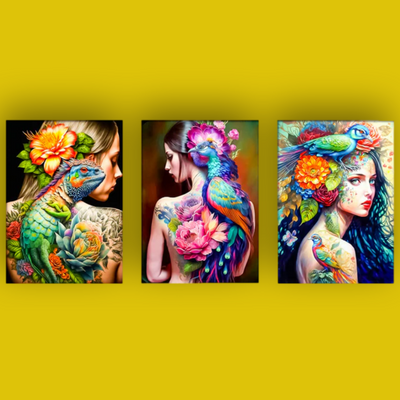 Three colorful artworks of a woman with tattoos and peacock feathers on a yellow background