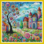 Paint by number kit image of a Colorful mosaic-style illustration of a village with houses, trees, and flowers.