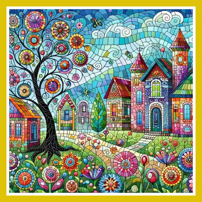 Paint by number kit image of a Colorful mosaic-style illustration of a village with houses, trees, and flowers.