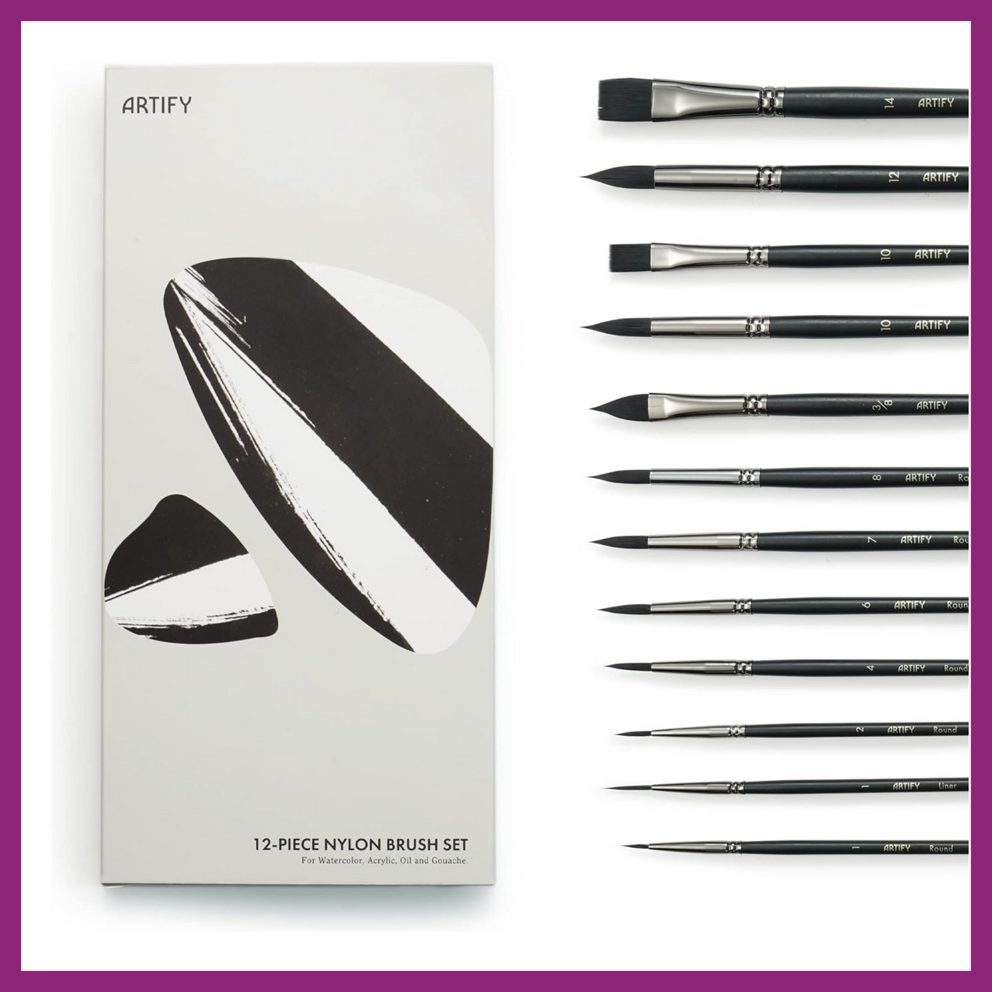 WATERCOLOR PAINTBRUSH SET OF 12 NYLON BRUSHES