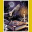 Fantasy scene with owl, book, and candle against a dark background