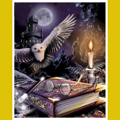 Fantasy scene with owl, book, and candle against a dark background