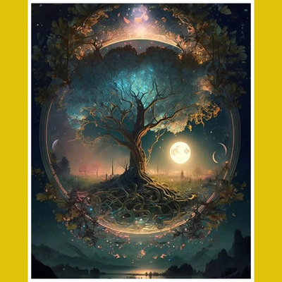A paint-by-number kit image featuring a tree with a circular frame, with a full moon and a mystical landscape in the background.