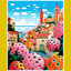 A paint-by-number kit image featuring a whimsical townscape with abstract, colorful elements.