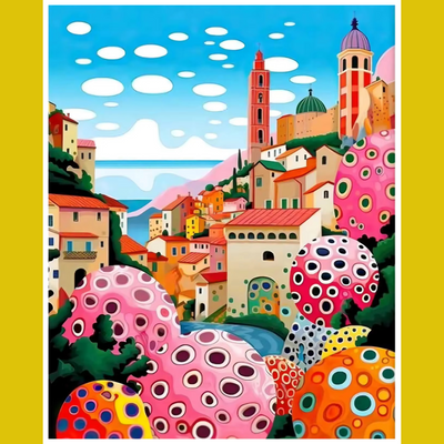 A paint-by-number kit image featuring a whimsical townscape with abstract, colorful elements.