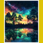 A paint by number kit image featuring a forest reflecting in water under a colorful, starry night sky.