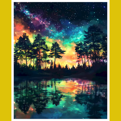 A paint by number kit image featuring a forest reflecting in water under a colorful, starry night sky.