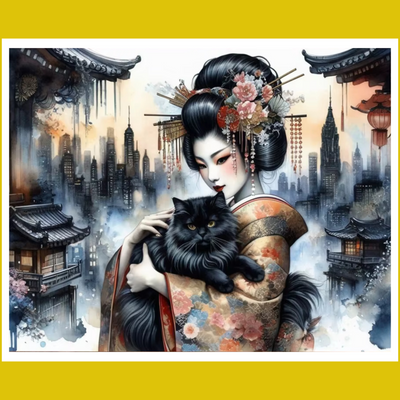 A paint-by-number kit image featuring an Asian woman with a cat, set against a cityscape background with temples and lanterns.