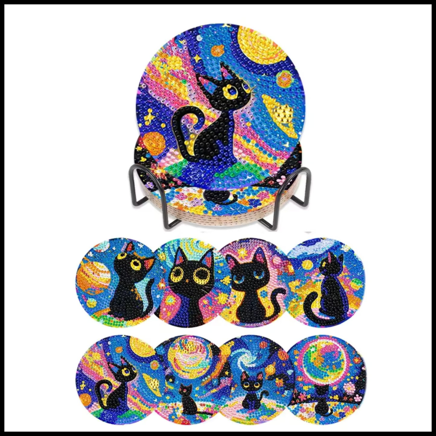 CELESTIAL CATS DIAMOND PAINTING 8 COASTER SET WITH HOLDER