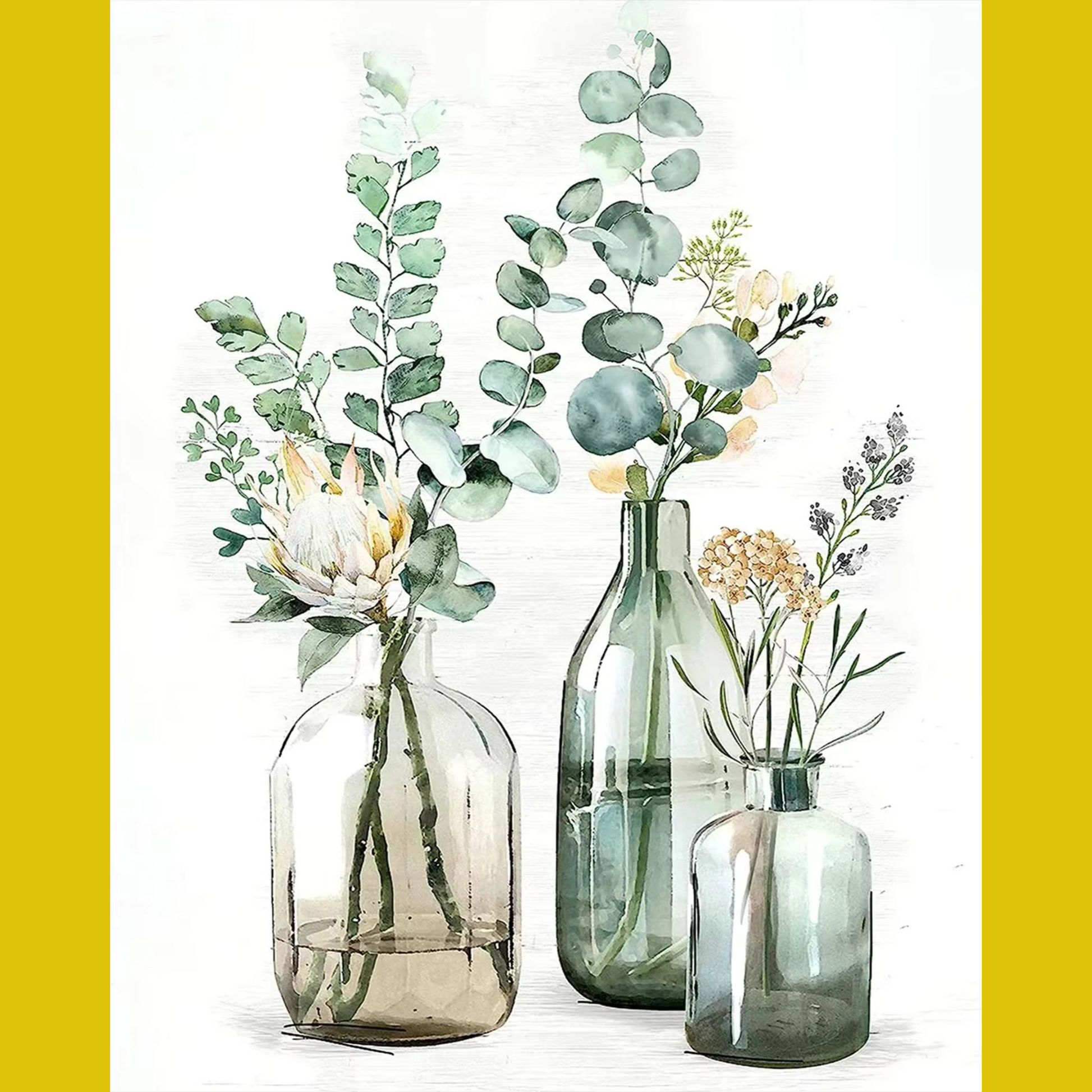 A painting kit with three glass bottles of different sizes on a canvas, with eucalyptus leaves and other small flowers arranged inside the bottles.