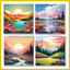 Set of four colorful landscape paintings with mountains, lakes, and trees.